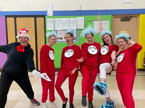 Staff dressed up as The Cat in the Hat and Things 1-5