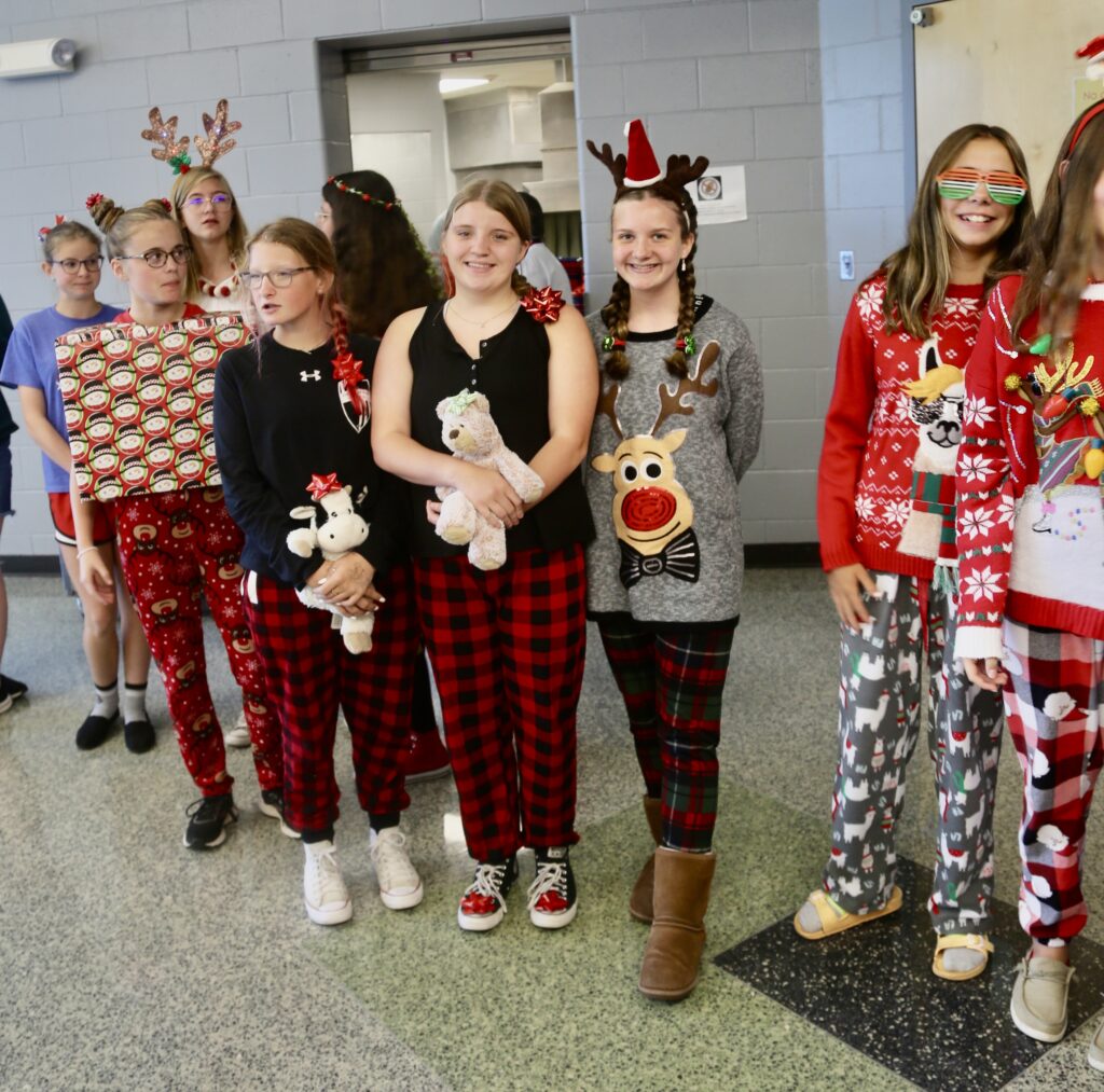 Students wearing holiday themed outfits