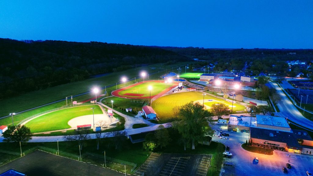 Overhead picture of athletic complex at night