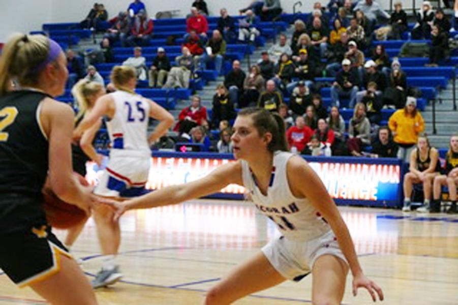 Girl's basketball player guards an opponent