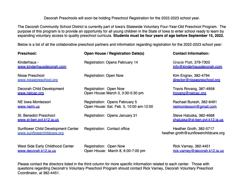 PRESCHOOL Registration Info for 2022 2023
