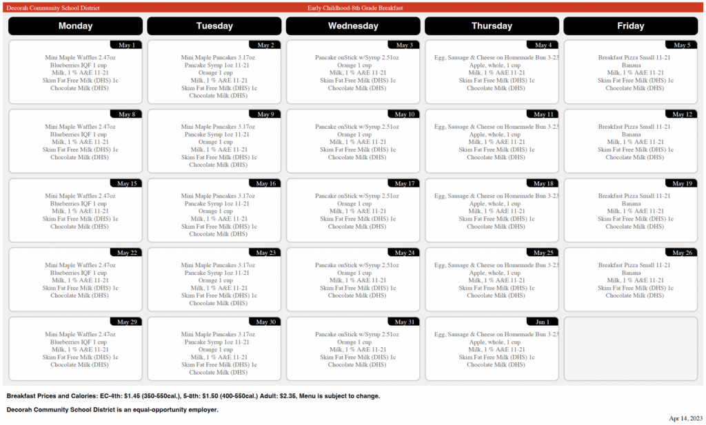 May 2023 Early Childhood 8th Grade Breakfast Menu