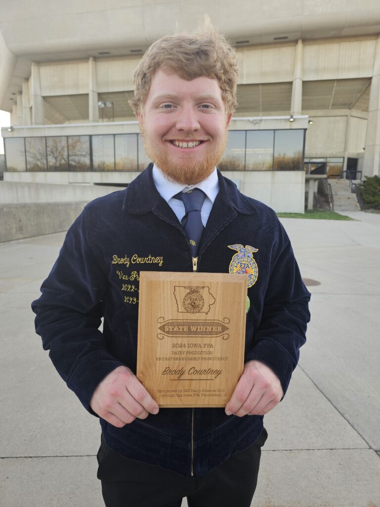 4.14.24 SLC Proficiency Brody Courtney 1st place dairy prod. entre. with plaque1